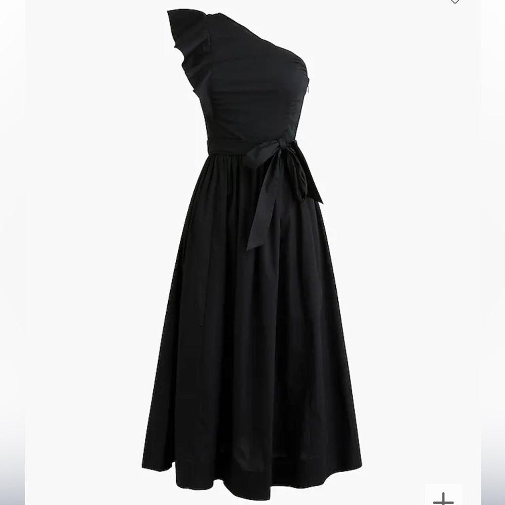 J.Crew One-Shoulder Ruffle Midi‎ Dress Black Cotton Poplin CA431 8P Petite NWT